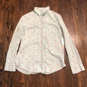 mint/pink flamingo button down shirt